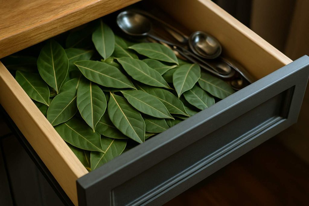 Why do many kitchens hide bay leaves in their drawers to keep insects away and bring good luck?