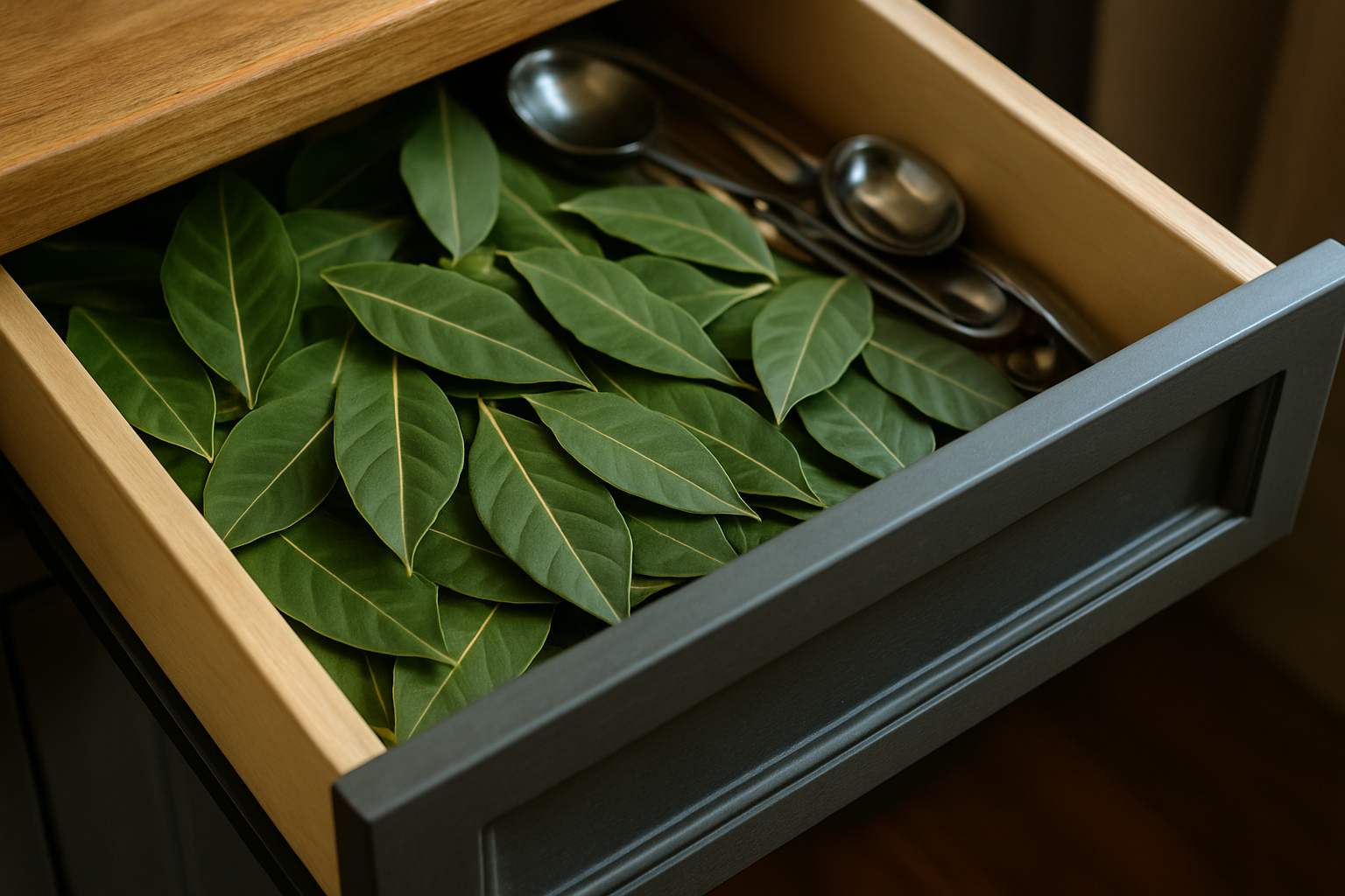 Why do many kitchens hide bay leaves in their drawers to keep insects away and bring good luck?