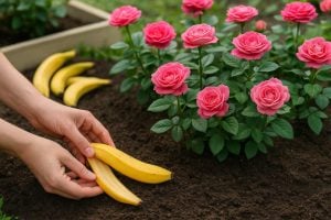 The foolproof banana peel trick at the base of rose bushes boosts blooming and makes flowers brighter than ever
