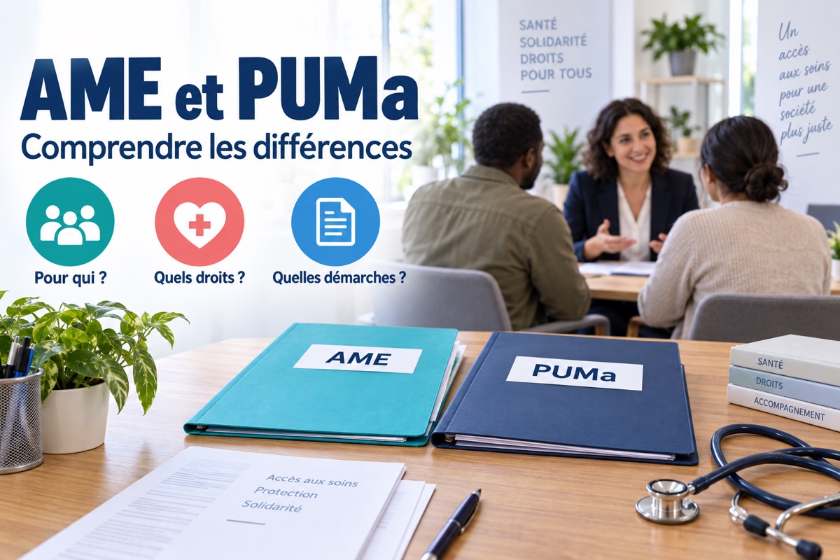 Deux dossiers AME et PUMa sur un bureau, avec une conseillère accompagnant des usagers en arrière-plan.