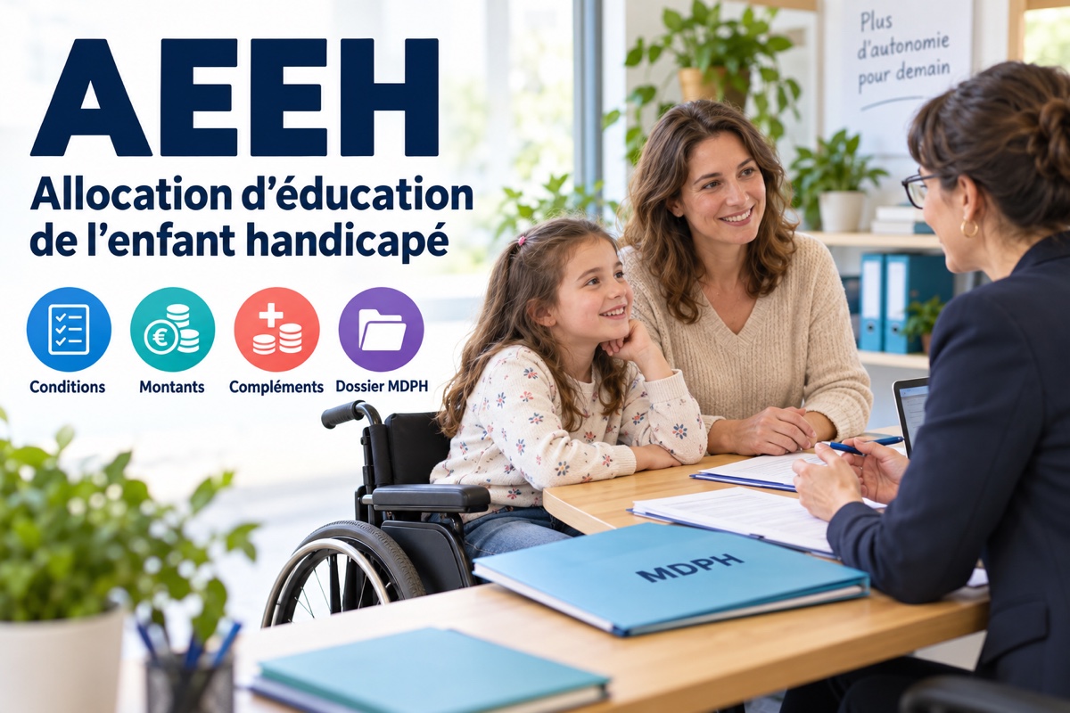 AEEH : une mère et son enfant en fauteuil roulant accompagnés par une conseillère pour leur dossier MDPH.