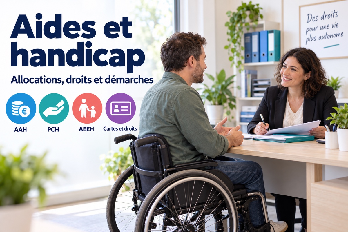 Une personne en fauteuil roulant échange avec une conseillère sur les aides AAH, PCH, AEEH et les cartes ouvrant des droits.