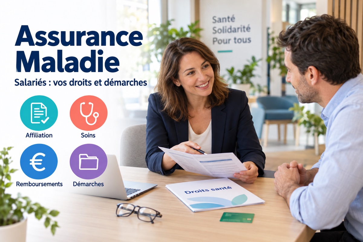 Une conseillère explique à un salarié ses droits et démarches auprès de l’Assurance Maladie.
