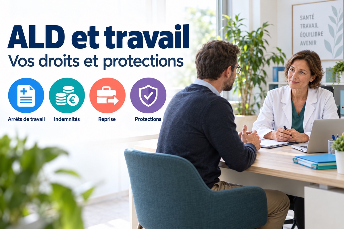Un salarié échange avec une médecin du travail, avec des pictogrammes sur les arrêts de travail, les indemnités, la reprise et les protections.