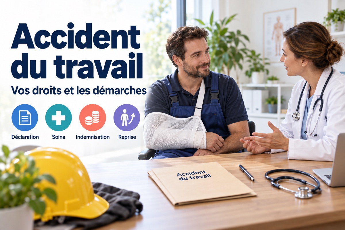 Un salarié avec le bras en écharpe échange avec une médecin au sujet de son accident du travail.