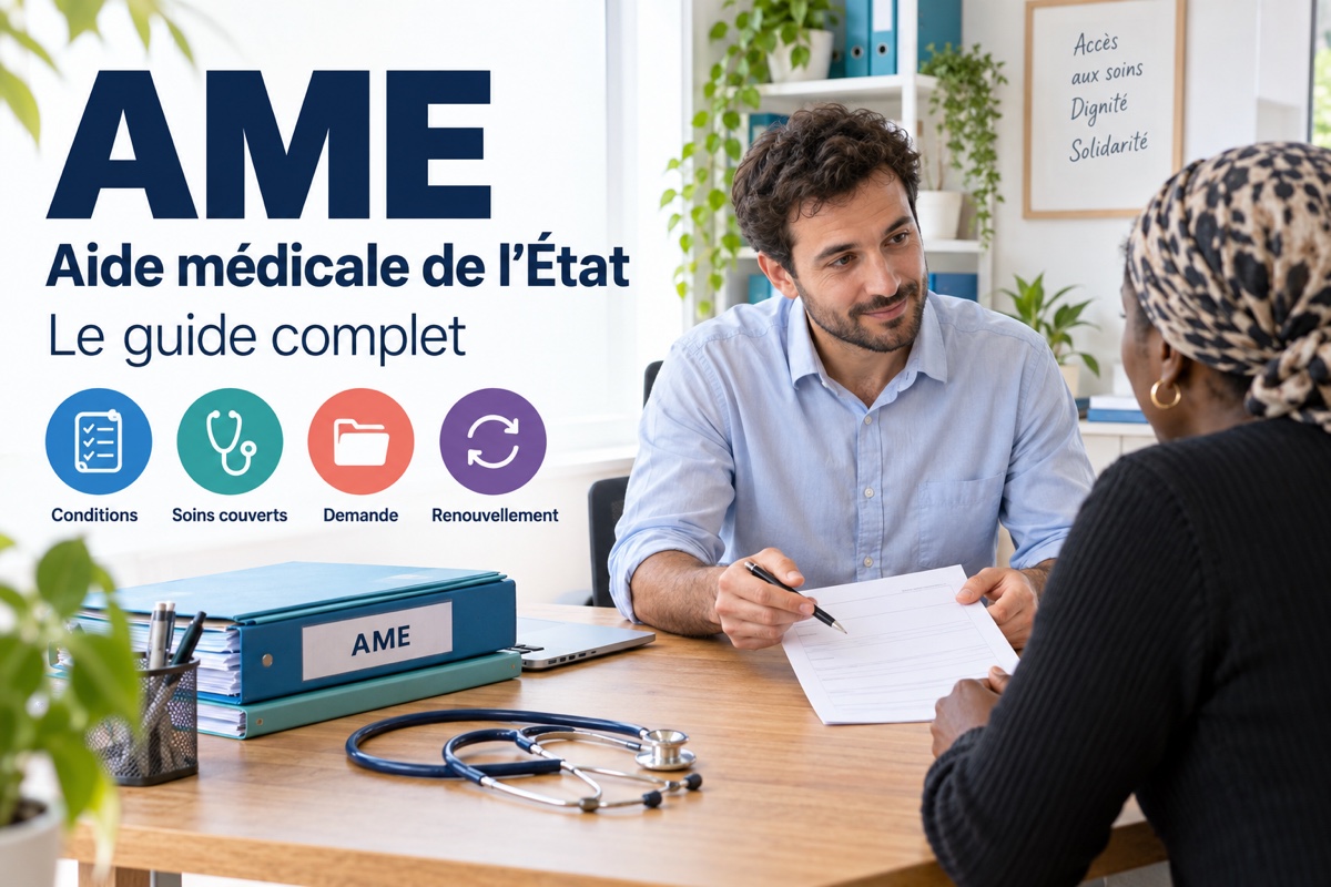 Un conseiller accompagne une visiteuse pour l’AME : conditions, soins couverts, demande et renouvellement illustrés par quatre pictogrammes.