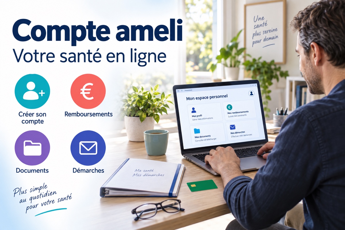 Un assuré consulte son espace de santé en ligne sur ordinateur pour gérer ses remboursements, documents et démarches.