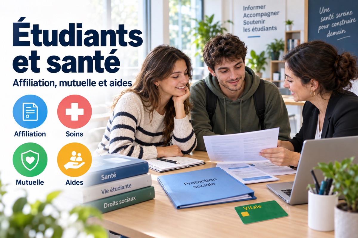 Deux étudiants échangent avec une conseillère sur leur couverture santé et les aides disponibles.