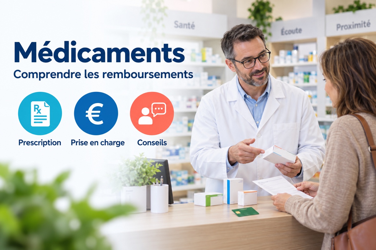 Un pharmacien conseille une assurée sur son ordonnance et la prise en charge des médicaments.