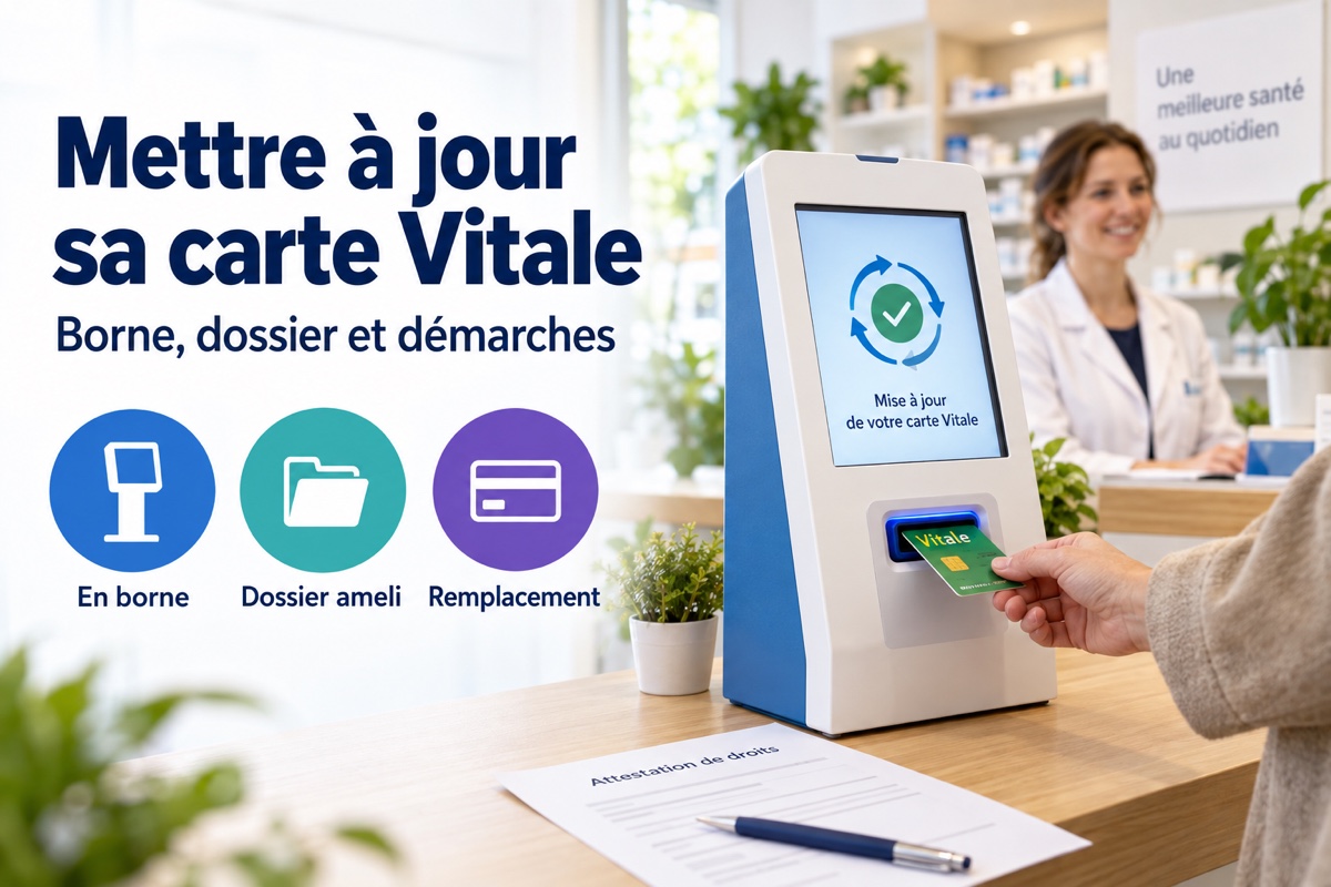 Une personne insère sa carte Vitale dans une borne de mise à jour en pharmacie.