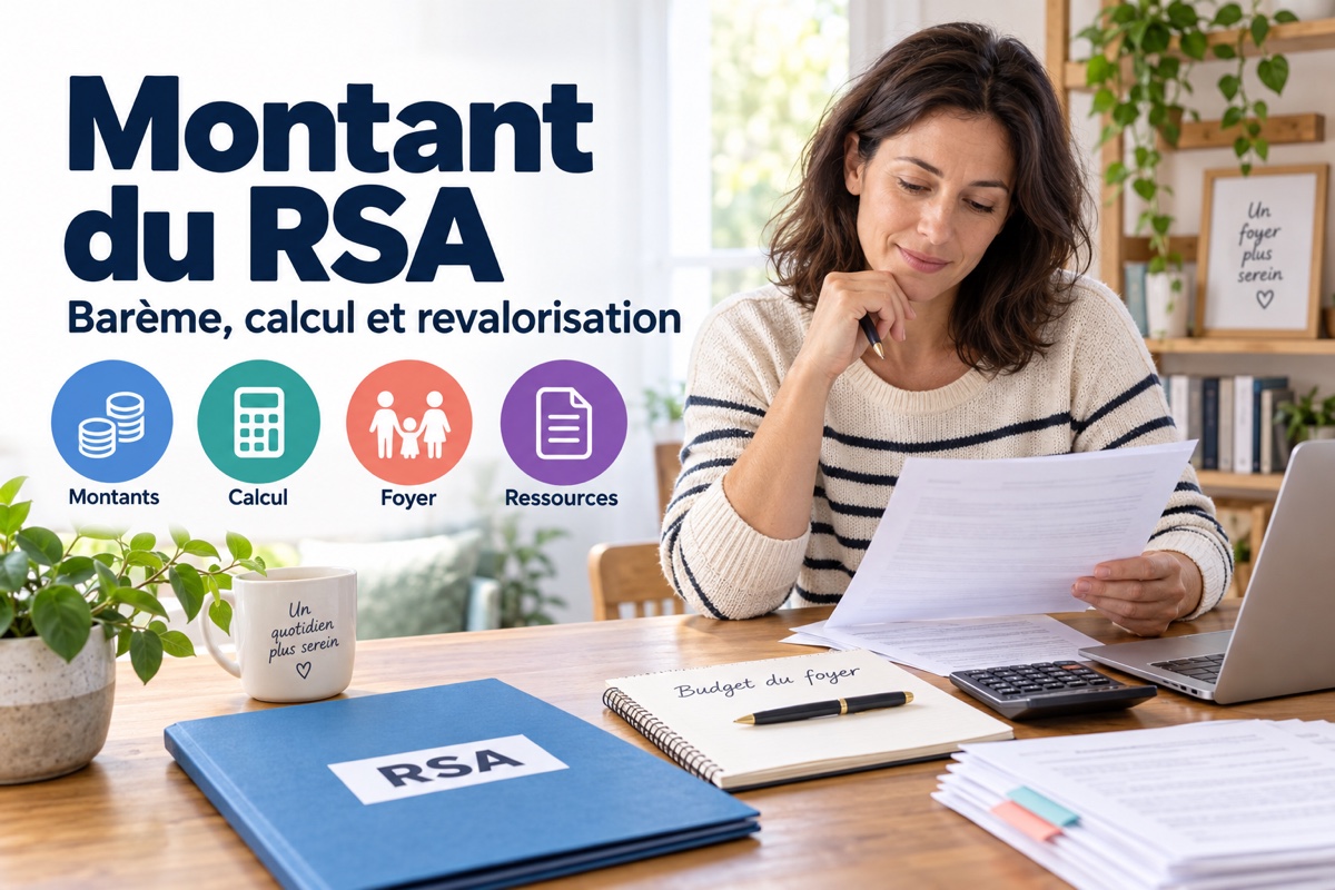 Une femme étudie les ressources de son foyer avec un dossier RSA et une calculatrice.