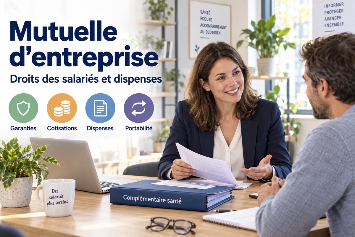 Une conseillère présente à un salarié les garanties et les dispenses de la mutuelle d’entreprise.