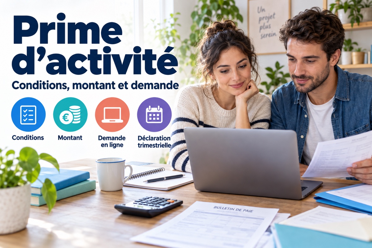 Prime d’activité : un couple consulte sa demande en ligne, avec les conditions, le montant et la déclaration trimestrielle illustrés.