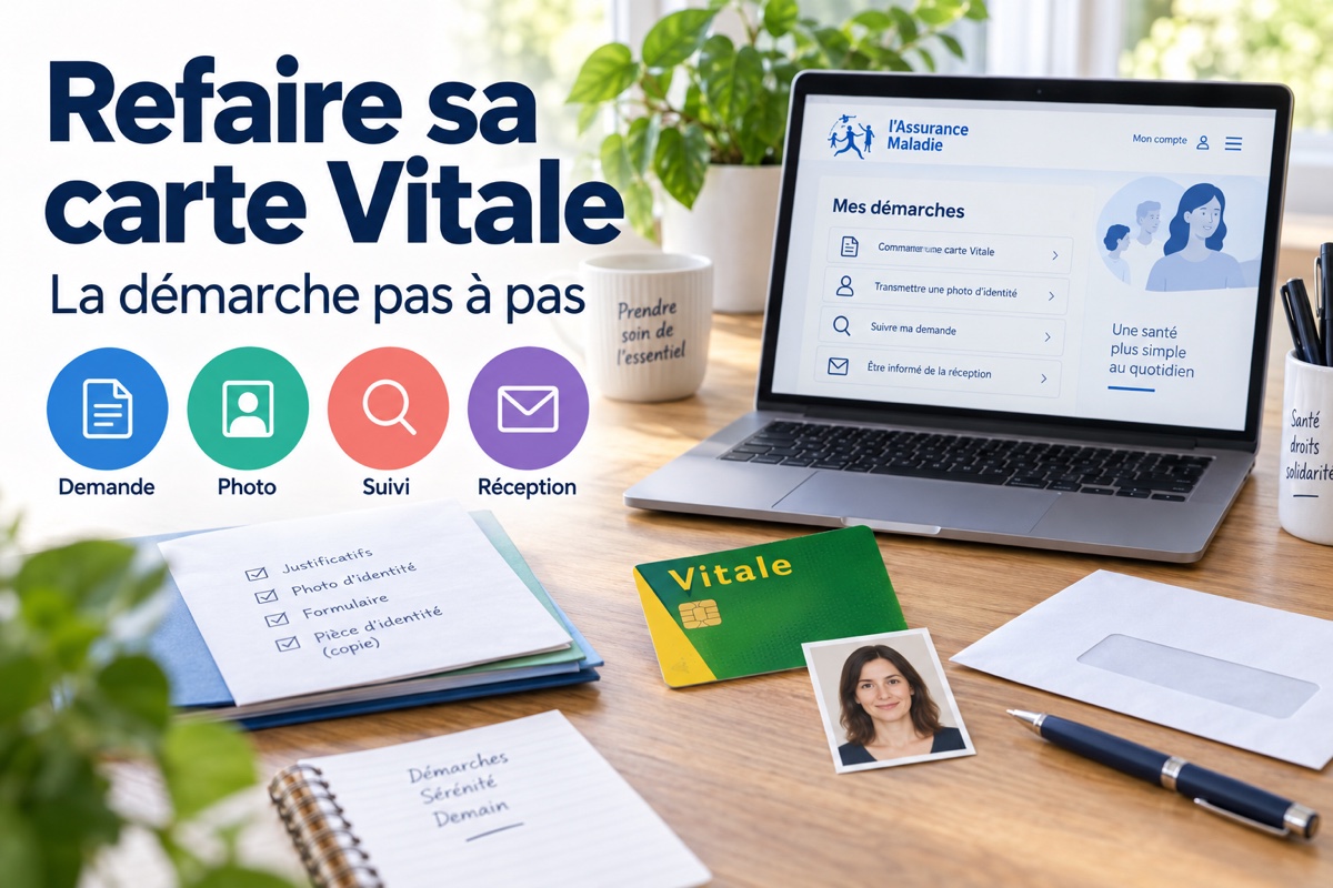 Carte Vitale, photo et justificatifs sur un bureau avec un ordinateur illustrant la demande de remplacement.