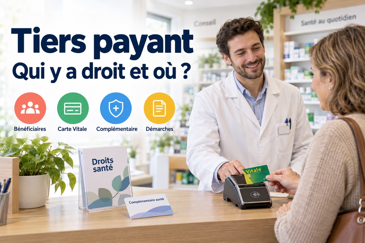Une patiente présente sa carte Vitale à un pharmacien pour le tiers payant.
