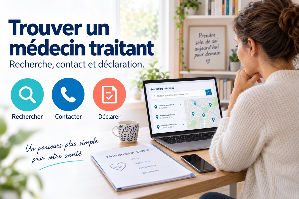 Une femme consulte un annuaire médical sur ordinateur pour trouver et contacter un médecin traitant.