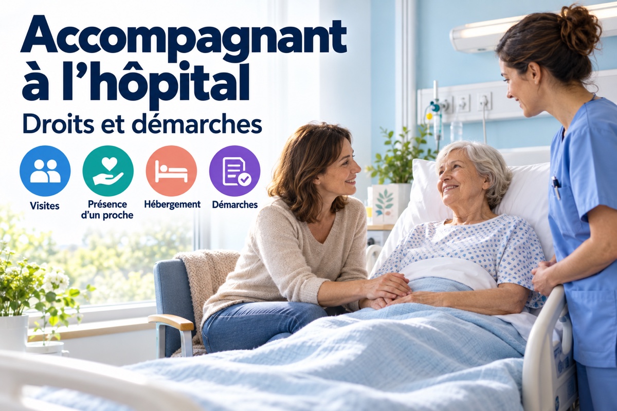 Une proche accompagne une patiente hospitalisée en présence d’une soignante, avec les thèmes visites, hébergement et démarches.