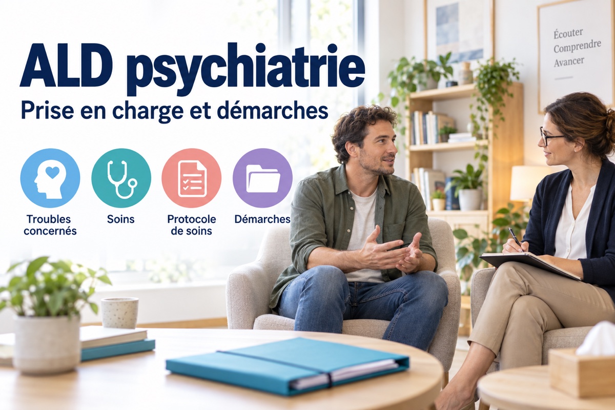 Un patient échange avec une psychiatre ; pictogrammes des troubles concernés, des soins, du protocole de soins et des démarches.