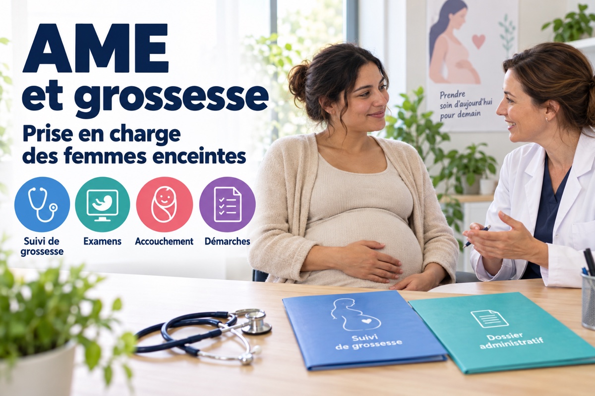 AME et grossesse : une femme enceinte échange avec une professionnelle de santé sur le suivi, les examens, l’accouchement et les démarches.