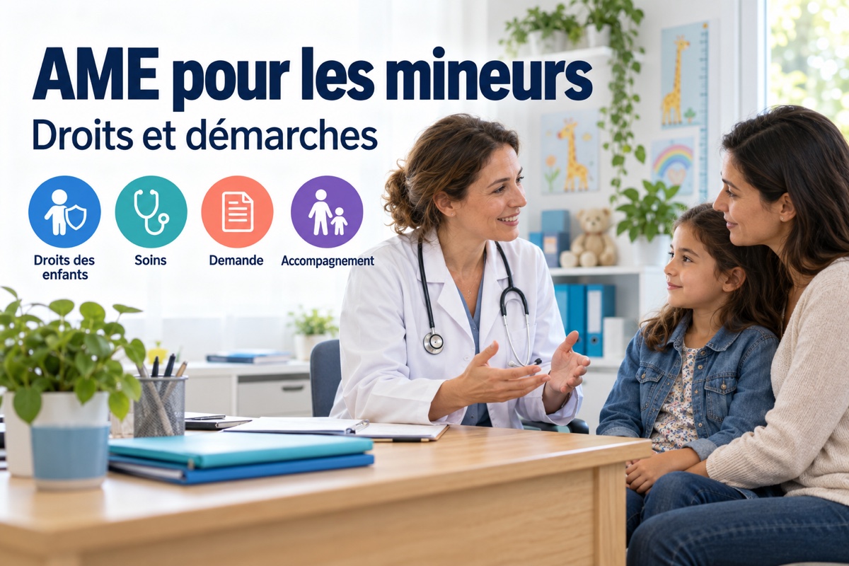Une enfant et sa mère rencontrent une pédiatre, avec des pictogrammes sur les droits, les soins et les démarches de l’AME pour les mineurs.