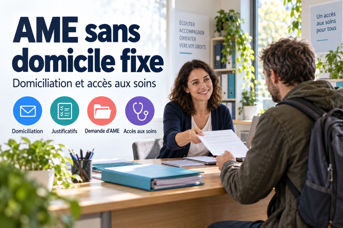 Une travailleuse sociale accompagne un visiteur dans ses démarches de domiciliation et de demande d’AME pour accéder aux soins.