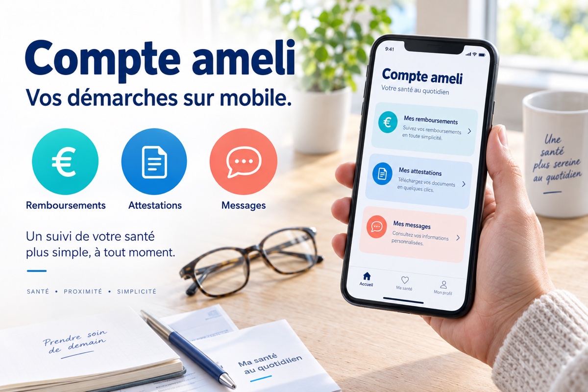Un smartphone illustre le suivi des remboursements, les attestations et les messages du compte ameli.