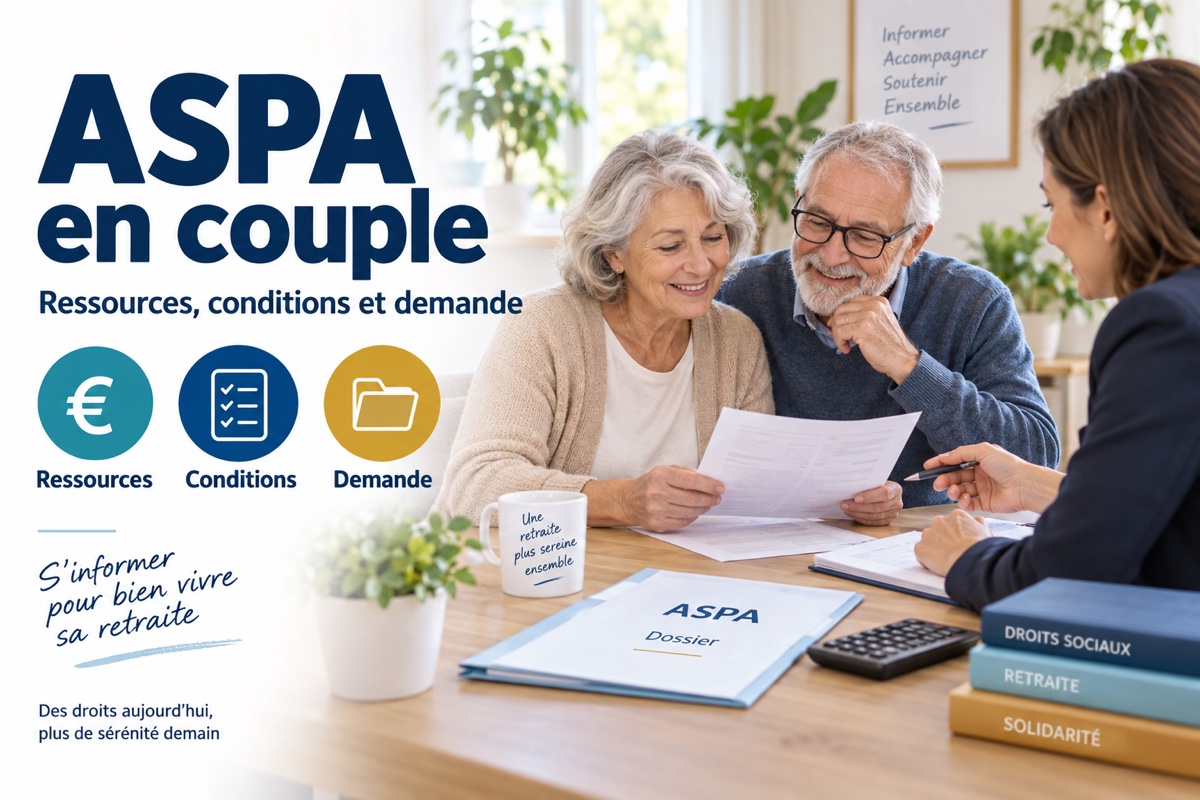 Un couple retraité étudie son dossier ASPA avec une conseillère.