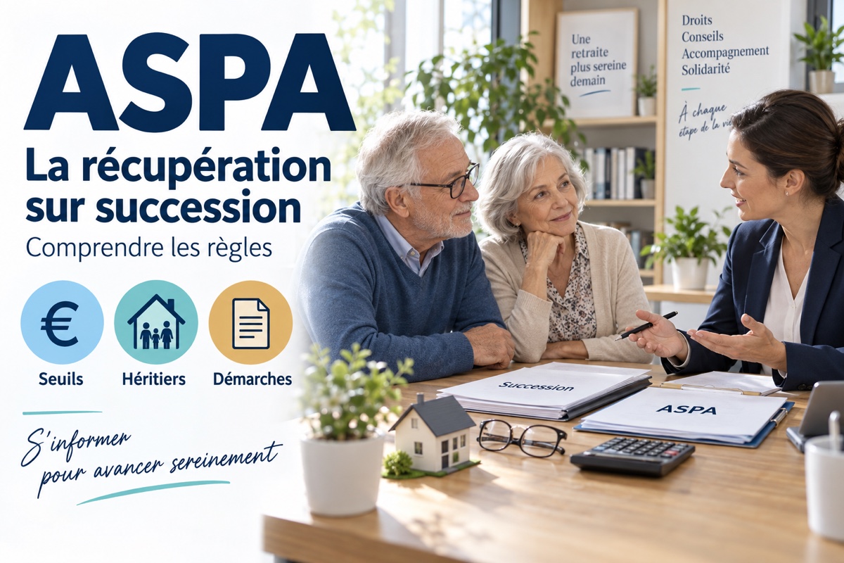 Un couple âgé échange avec une conseillère sur l’ASPA et la récupération sur succession, avec dossiers et maison miniature.