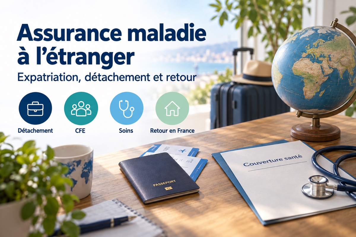Globe, passeport et dossier de couverture santé illustrant l’assurance maladie des expatriés.