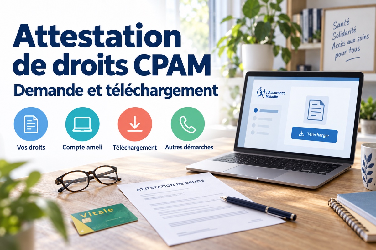 Attestation de droits CPAM sur un bureau, avec un ordinateur illustrant le téléchargement en ligne et une carte Vitale.
