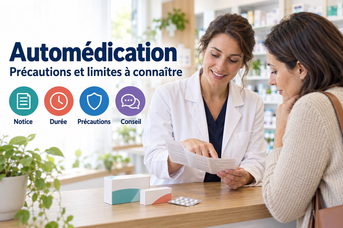 Une pharmacienne explique une notice à une cliente et la conseille sur les précautions de l’automédication.