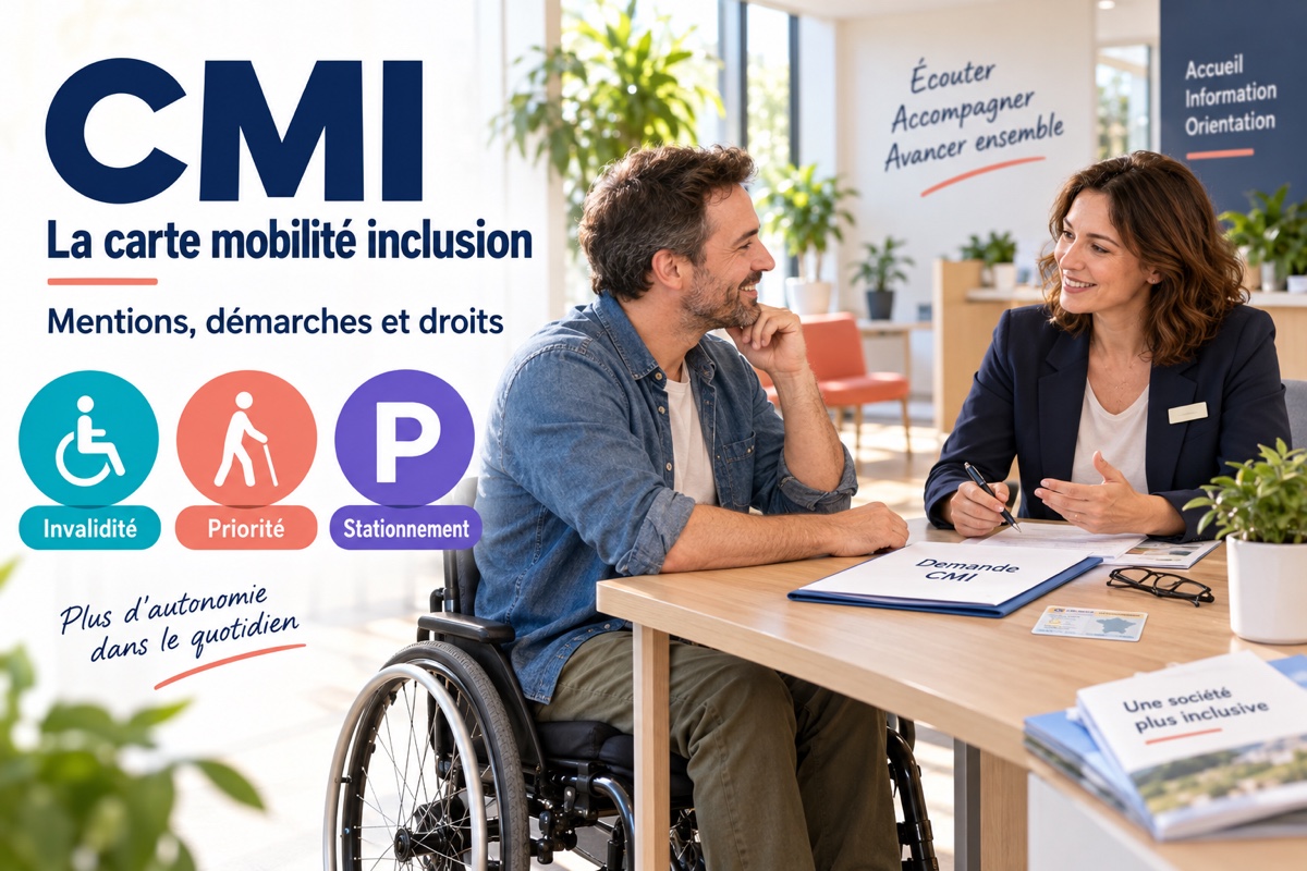 Une conseillère accompagne un homme en fauteuil roulant dans sa demande de carte mobilité inclusion.