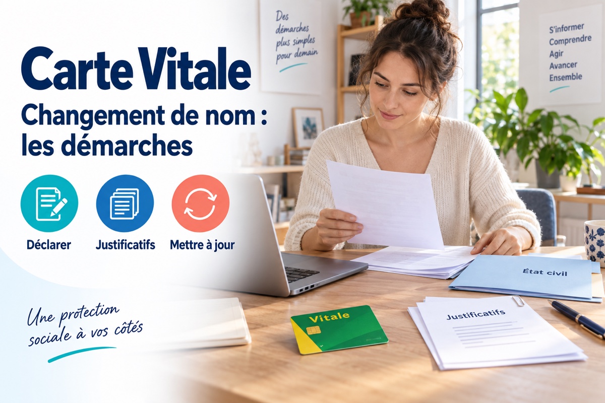 Une assurée rassemble ses justificatifs d’état civil pour déclarer un changement de nom lié à sa carte Vitale.