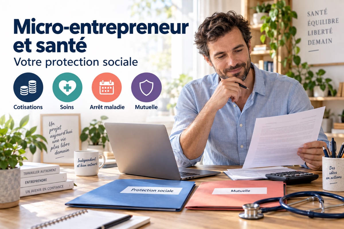 Un micro-entrepreneur examine ses documents de protection sociale et de mutuelle à son bureau.