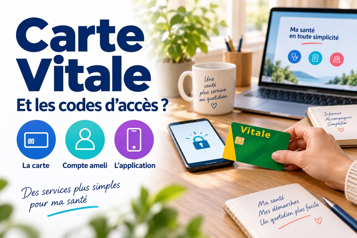 Carte Vitale physique, smartphone et ordinateur illustrant la distinction entre la carte et les codes des services numériques de santé.