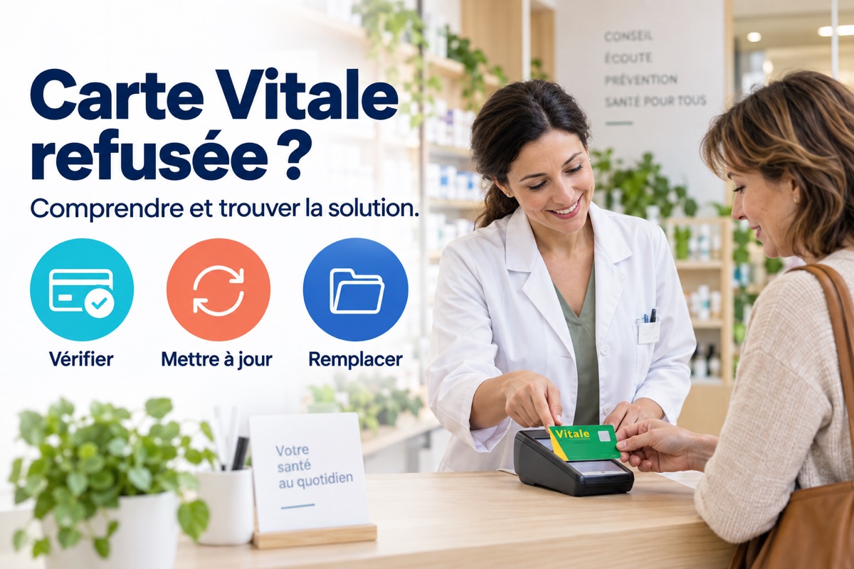 Une pharmacienne aide une assurée à vérifier sa carte Vitale sur un lecteur en pharmacie.
