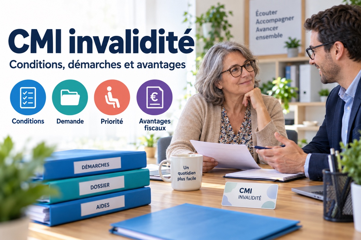 Une visiteuse échange avec un conseiller sur la CMI invalidité : conditions, demande, priorité et avantages fiscaux.