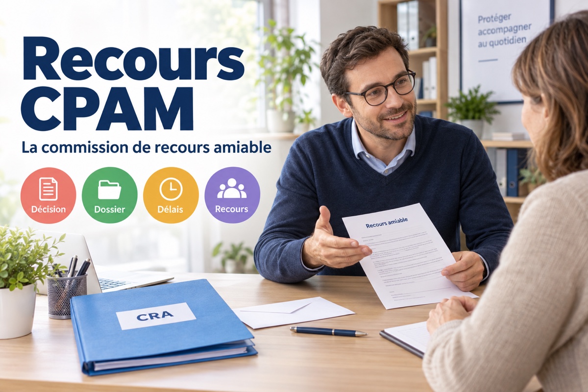 Un conseiller accompagne une assurée dans son recours auprès de la commission de recours amiable de la CPAM.